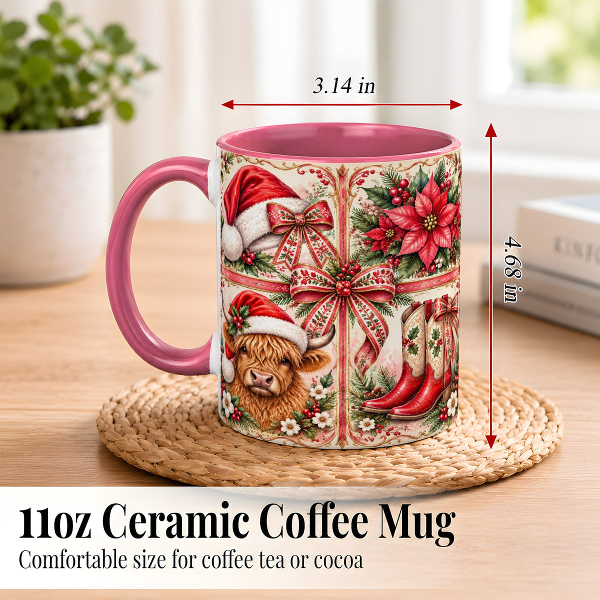 #pl[11oz|Pink] Western Christmas Cow Coffee Mug, Highland Cow Mug, Ceramic Cup