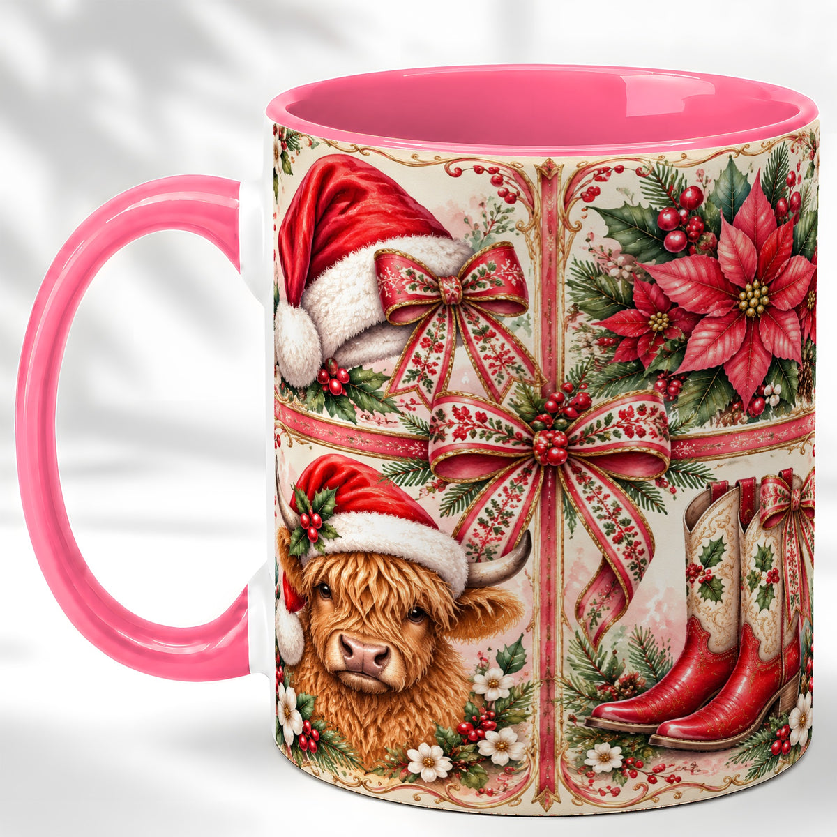 #pl[11oz|Pink] Western Christmas Cow Coffee Mug, Highland Cow Mug, Ceramic Cup