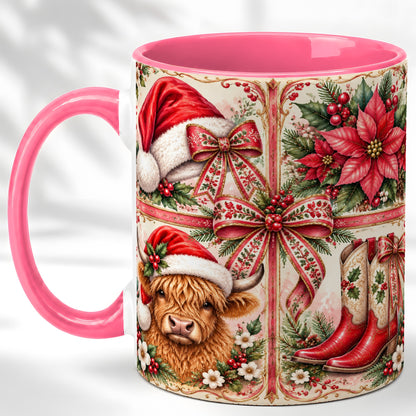 #pl[11oz|Pink] Western Christmas Cow Coffee Mug, Highland Cow Mug, Ceramic Cup