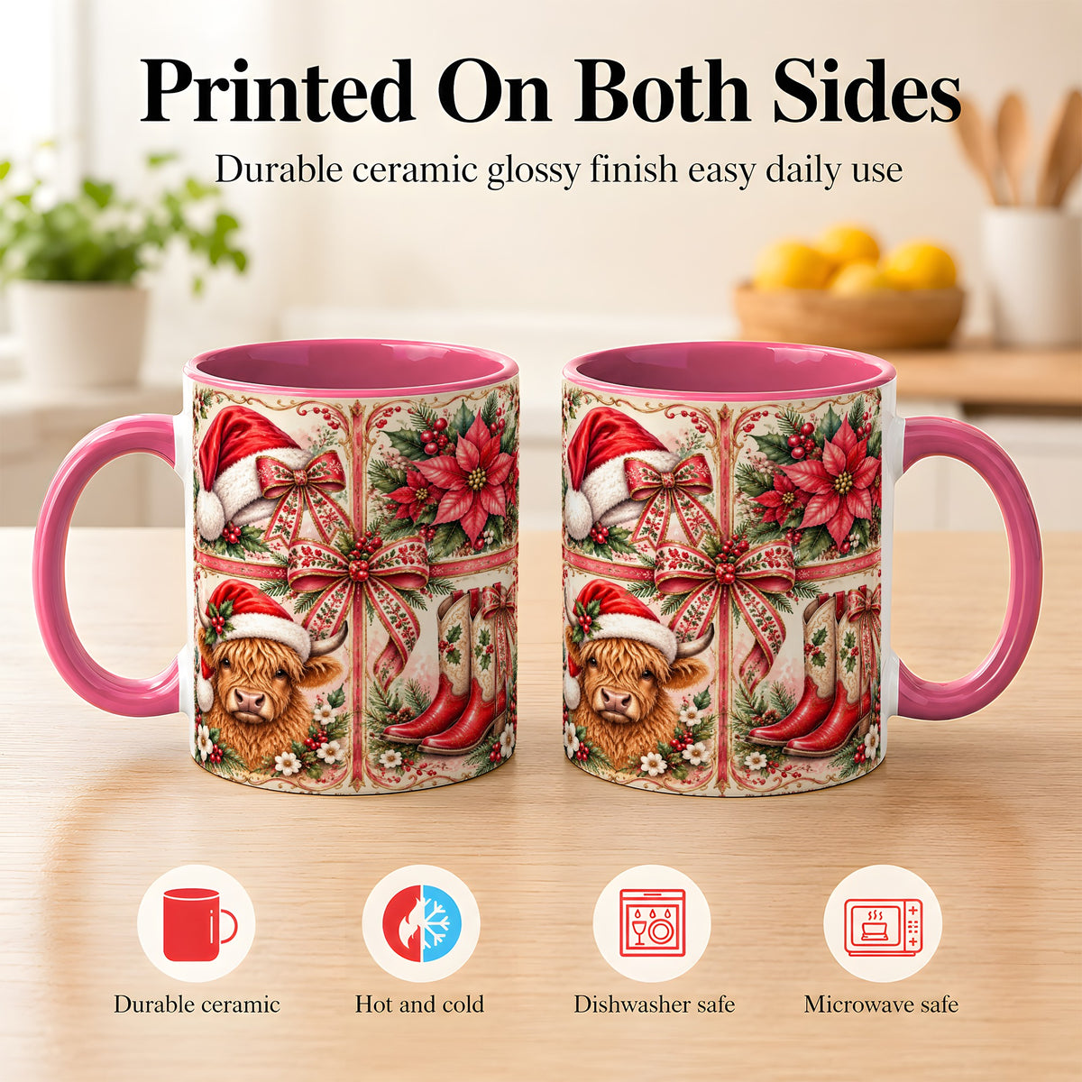 #pl[11oz|Pink] Western Christmas Cow Coffee Mug, Highland Cow Mug, Ceramic Cup