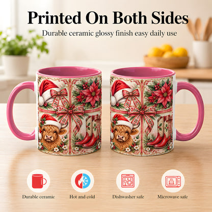 #pl[11oz|Pink] Western Christmas Cow Coffee Mug, Highland Cow Mug, Ceramic Cup