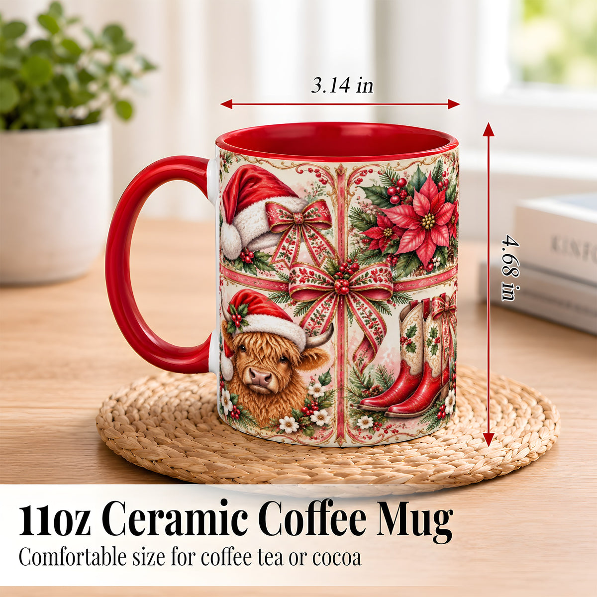 #pl[11oz|Red] Western Christmas Cow Coffee Mug, Highland Cow Mug, Ceramic Cup
