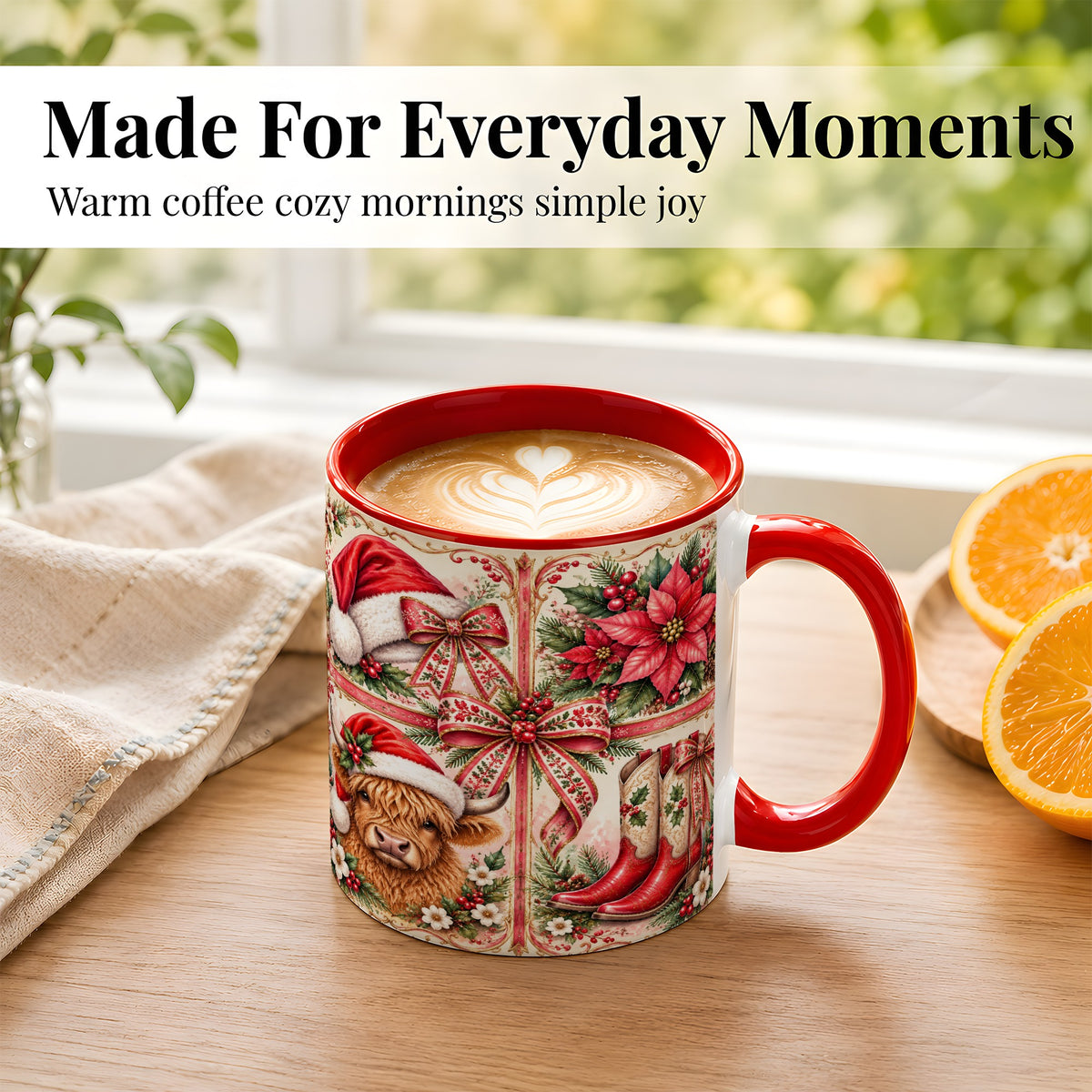 #pl[11oz|Red] Western Christmas Cow Coffee Mug, Highland Cow Mug, Ceramic Cup