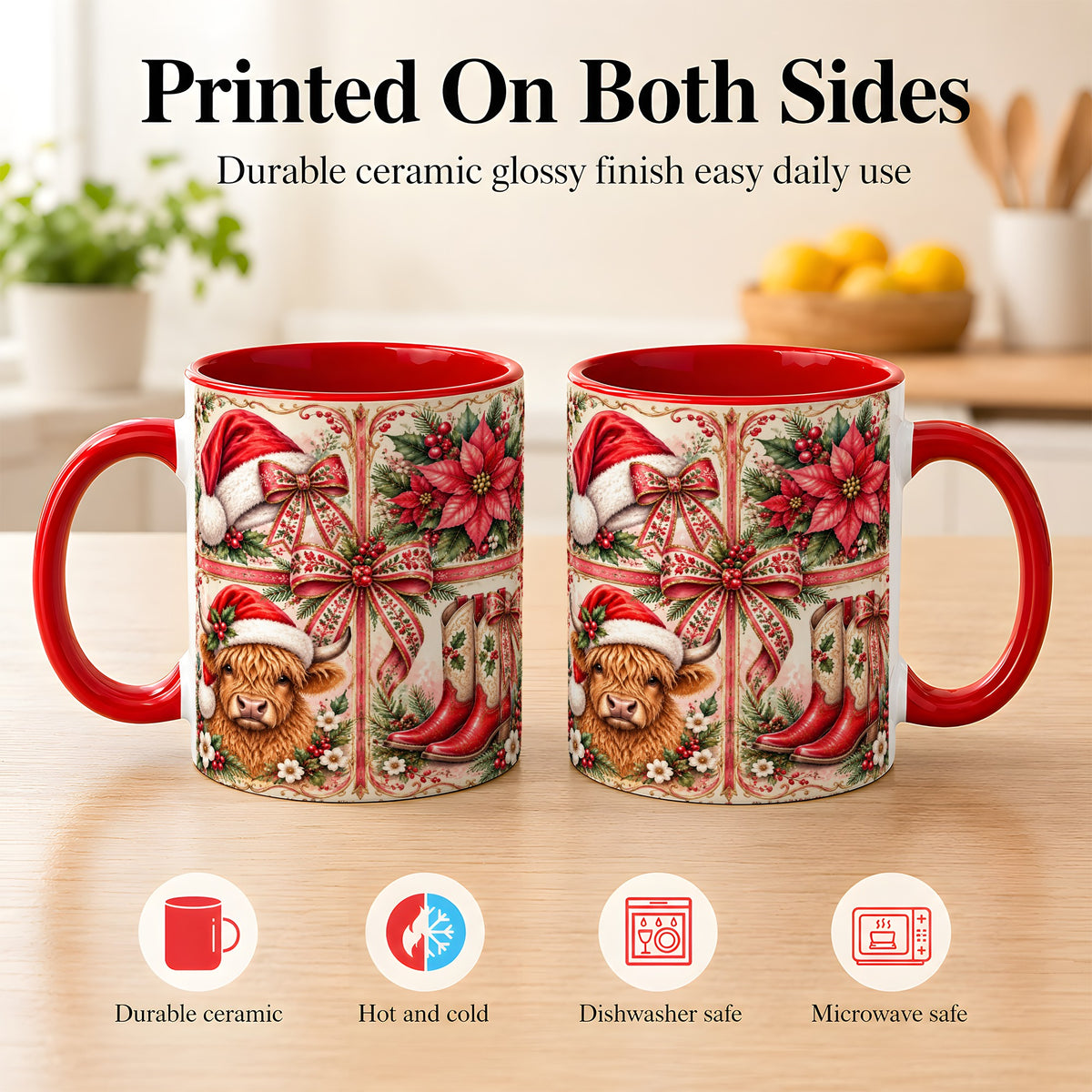 #pl[11oz|Red] Western Christmas Cow Coffee Mug, Highland Cow Mug, Ceramic Cup