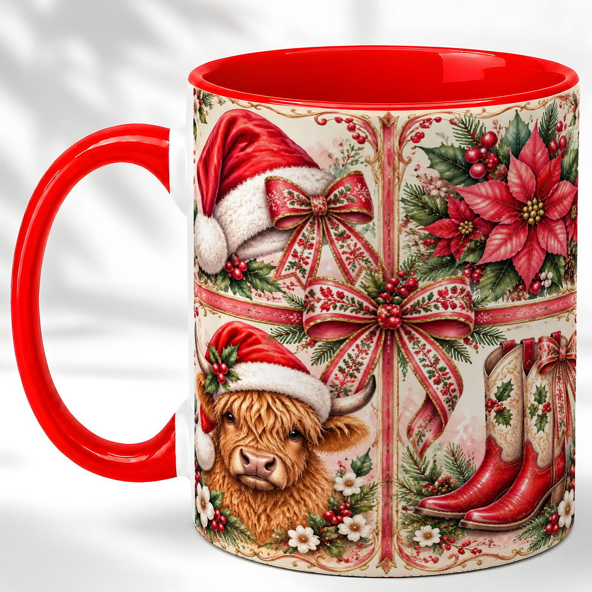 #pl[11oz|Red] Western Christmas Cow Coffee Mug, Highland Cow Mug, Ceramic Cup