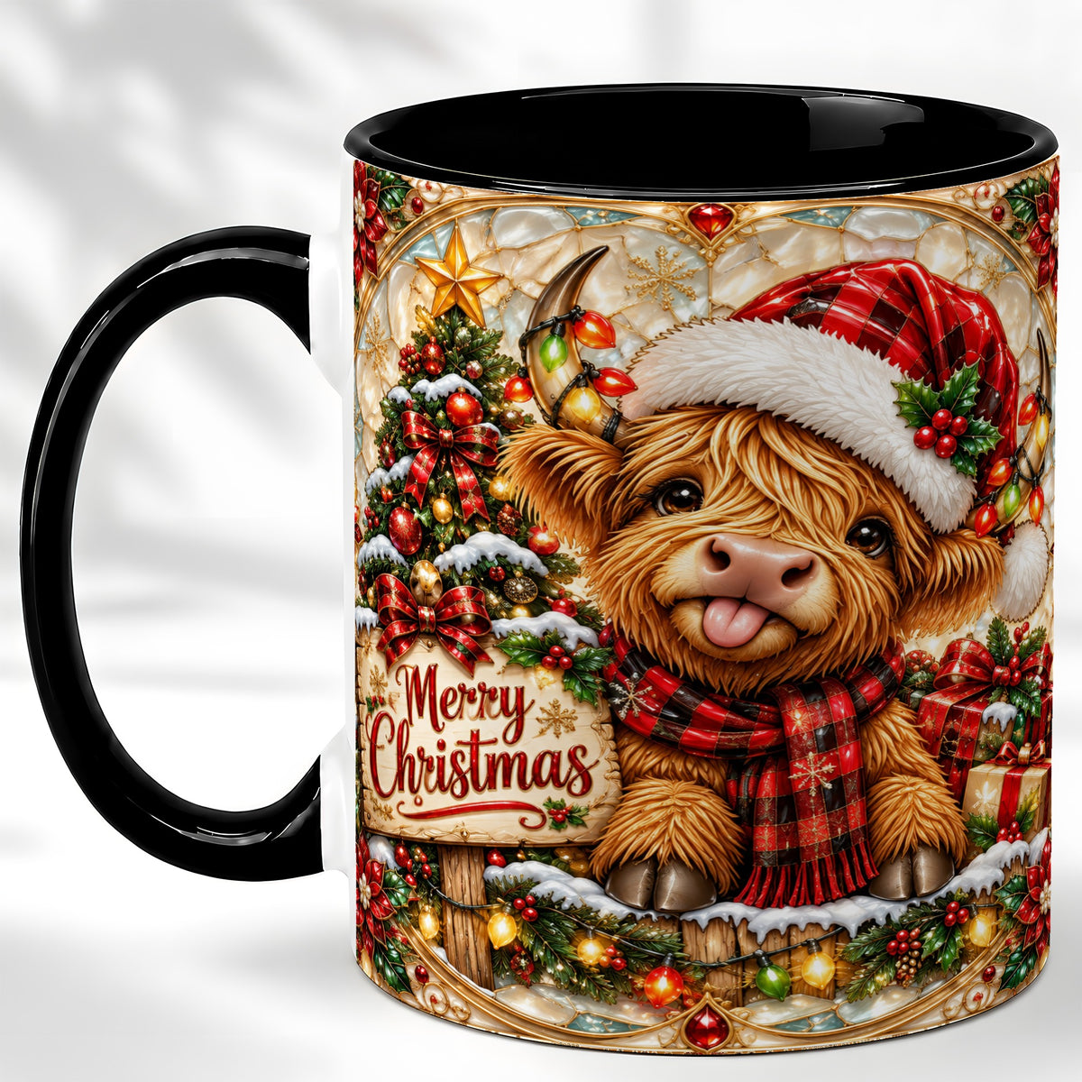 #pl[11oz|Black] Christmas Highland Cow Coffee Mug, Stained Glass Style Mug, Ceramic Cup