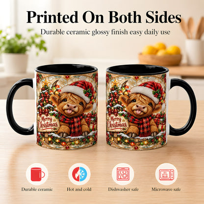 #pl[11oz|Black] Christmas Highland Cow Coffee Mug, Stained Glass Style Mug, Ceramic Cup