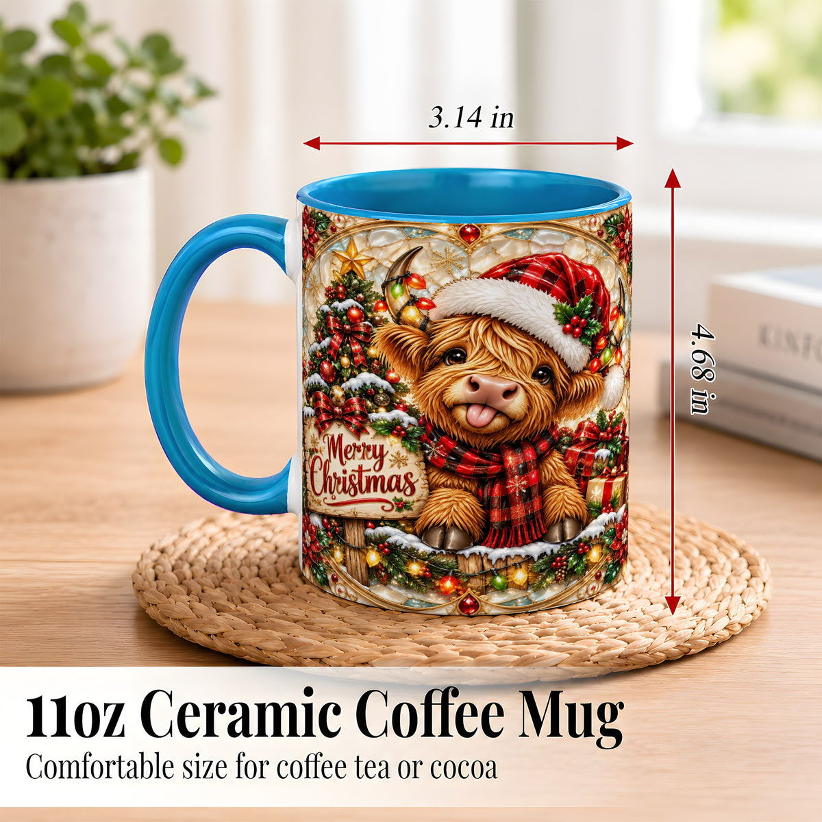 #pl[11oz|Blue] Christmas Highland Cow Coffee Mug, Stained Glass Style Mug, Ceramic Cup