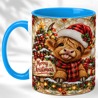 #pl[11oz|Blue] Christmas Highland Cow Coffee Mug, Stained Glass Style Mug, Ceramic Cup