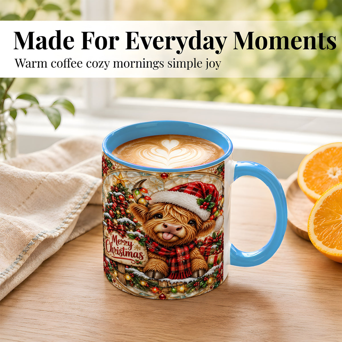 #pl[11oz|Blue] Christmas Highland Cow Coffee Mug, Stained Glass Style Mug, Ceramic Cup