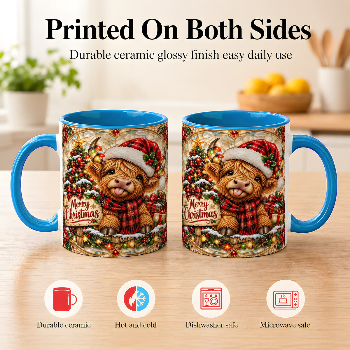 #pl[11oz|Blue] Christmas Highland Cow Coffee Mug, Stained Glass Style Mug, Ceramic Cup
