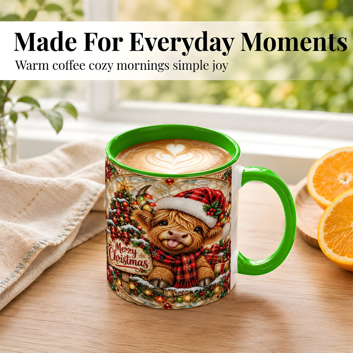 #pl[11oz|Green] Christmas Highland Cow Coffee Mug, Stained Glass Style Mug, Ceramic Cup