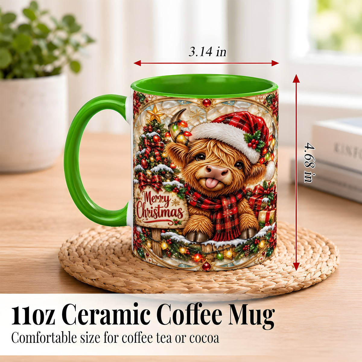 #pl[11oz|Green] Christmas Highland Cow Coffee Mug, Stained Glass Style Mug, Ceramic Cup