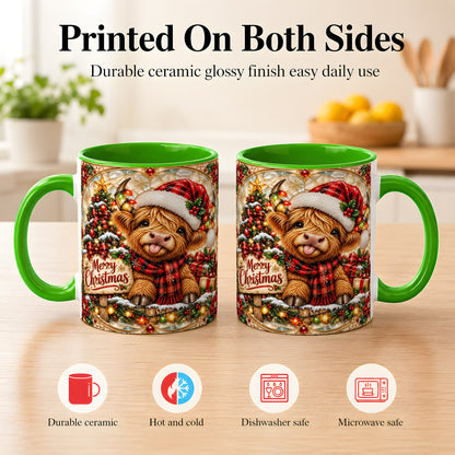 #pl[11oz|Green] Christmas Highland Cow Coffee Mug, Stained Glass Style Mug, Ceramic Cup