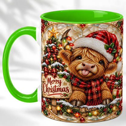#pl[11oz|Green] Christmas Highland Cow Coffee Mug, Stained Glass Style Mug, Ceramic Cup