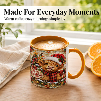 #pl[11oz|Orange] Christmas Highland Cow Coffee Mug, Stained Glass Style Mug, Ceramic Cup