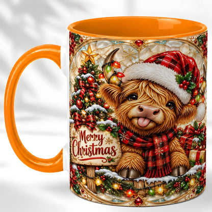 #pl[11oz|Orange] Christmas Highland Cow Coffee Mug, Stained Glass Style Mug, Ceramic Cup