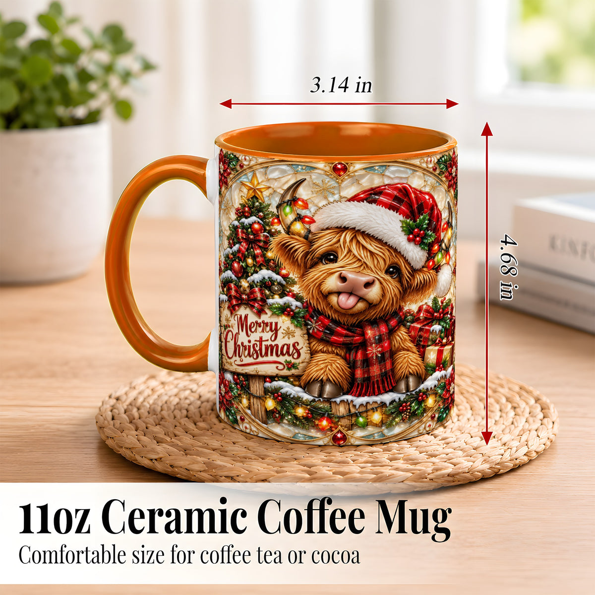 #pl[11oz|Orange] Christmas Highland Cow Coffee Mug, Stained Glass Style Mug, Ceramic Cup