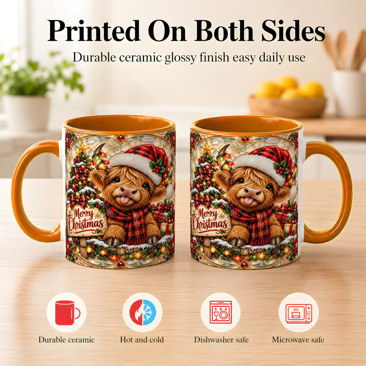 #pl[11oz|Orange] Christmas Highland Cow Coffee Mug, Stained Glass Style Mug, Ceramic Cup