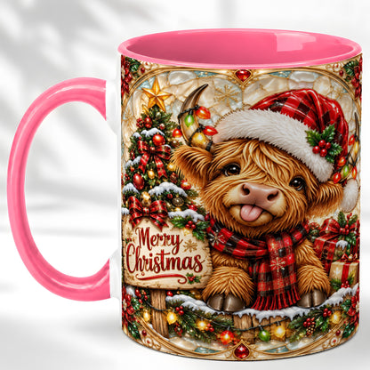 #pl[11oz|Pink] Christmas Highland Cow Coffee Mug, Stained Glass Style Mug, Ceramic Cup
