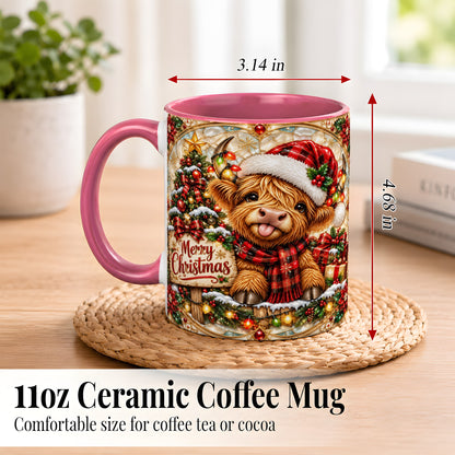 #pl[11oz|Pink] Christmas Highland Cow Coffee Mug, Stained Glass Style Mug, Ceramic Cup