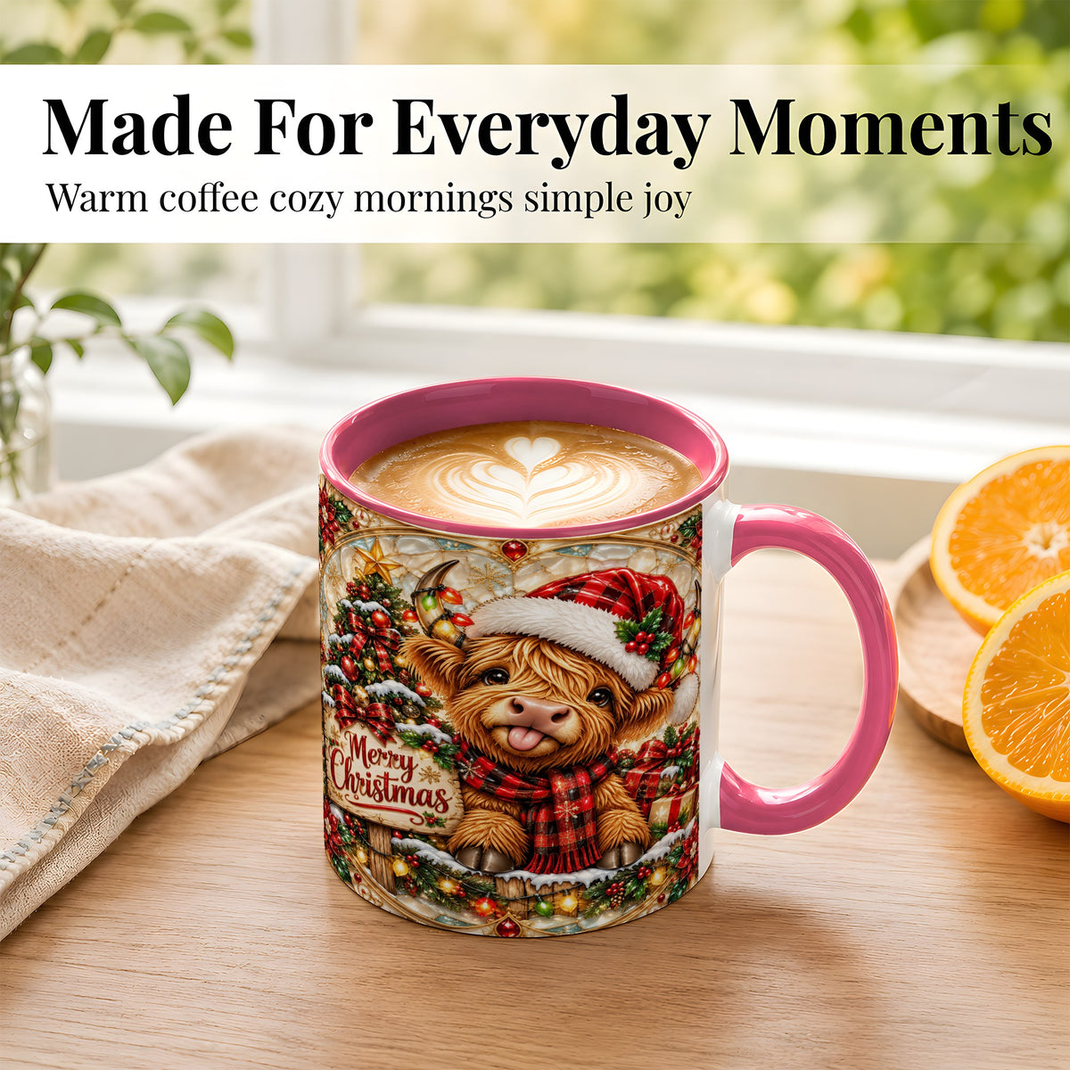 #pl[11oz|Pink] Christmas Highland Cow Coffee Mug, Stained Glass Style Mug, Ceramic Cup