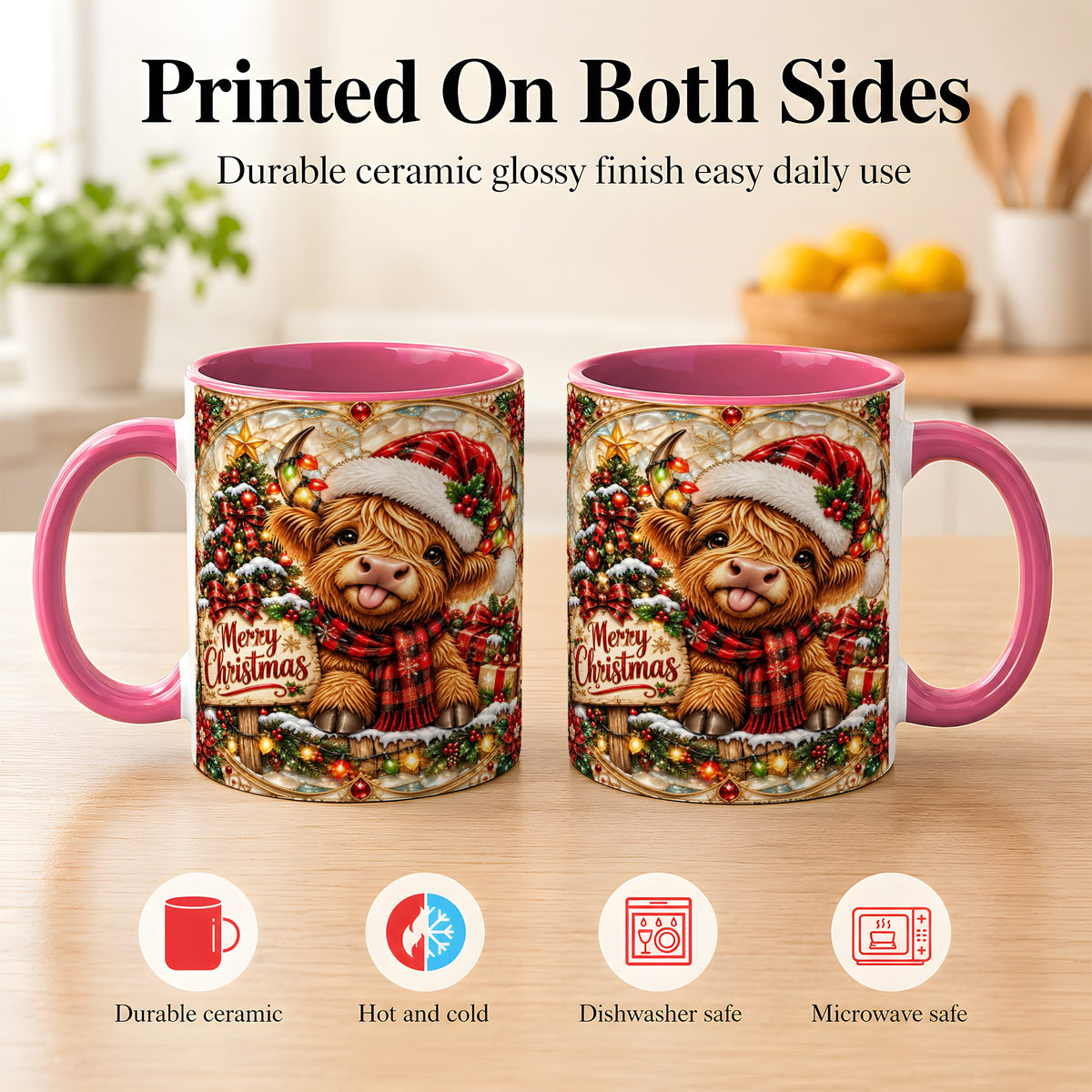 #pl[11oz|Pink] Christmas Highland Cow Coffee Mug, Stained Glass Style Mug, Ceramic Cup