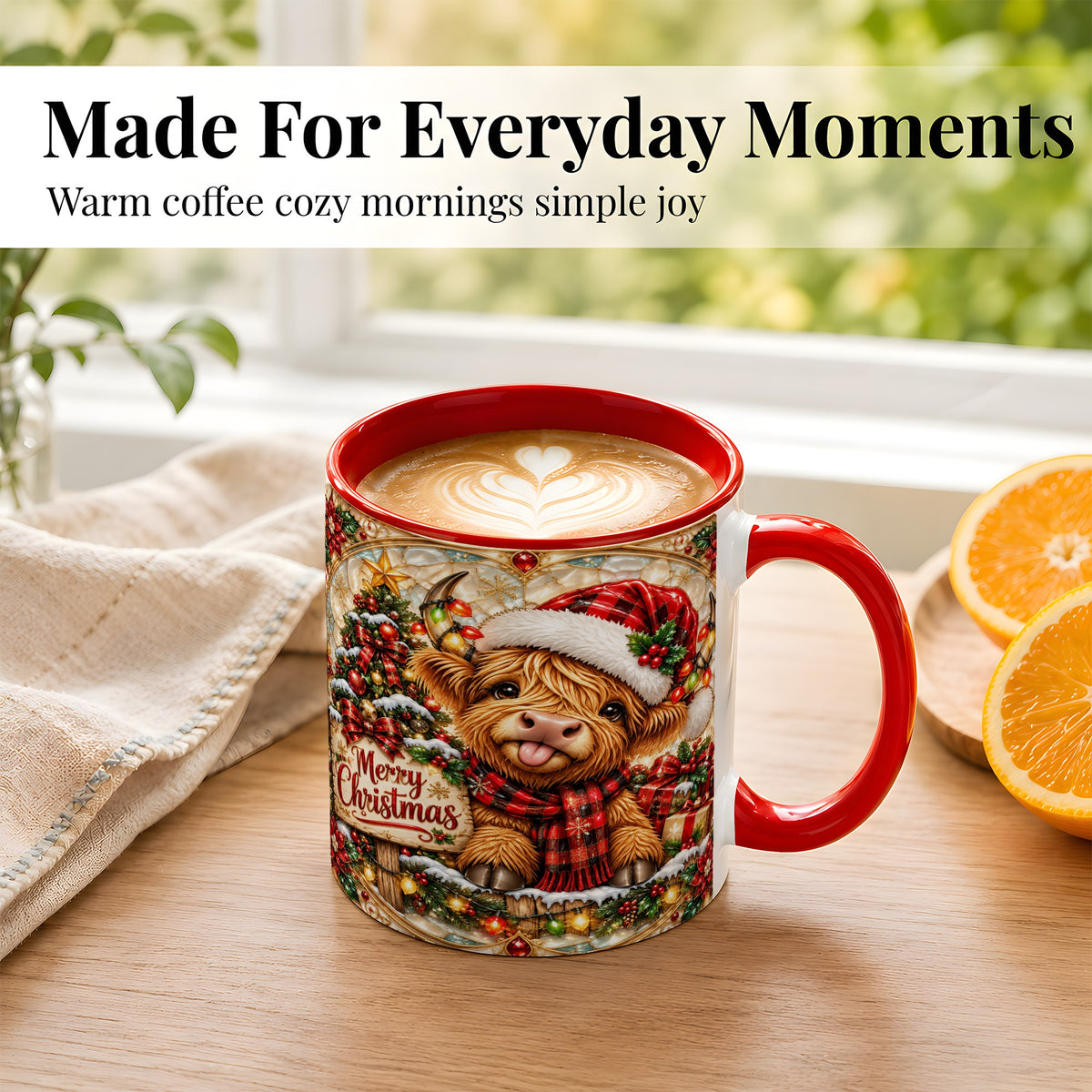 #pl[11oz|Red] Christmas Highland Cow Coffee Mug, Stained Glass Style Mug, Ceramic Cup