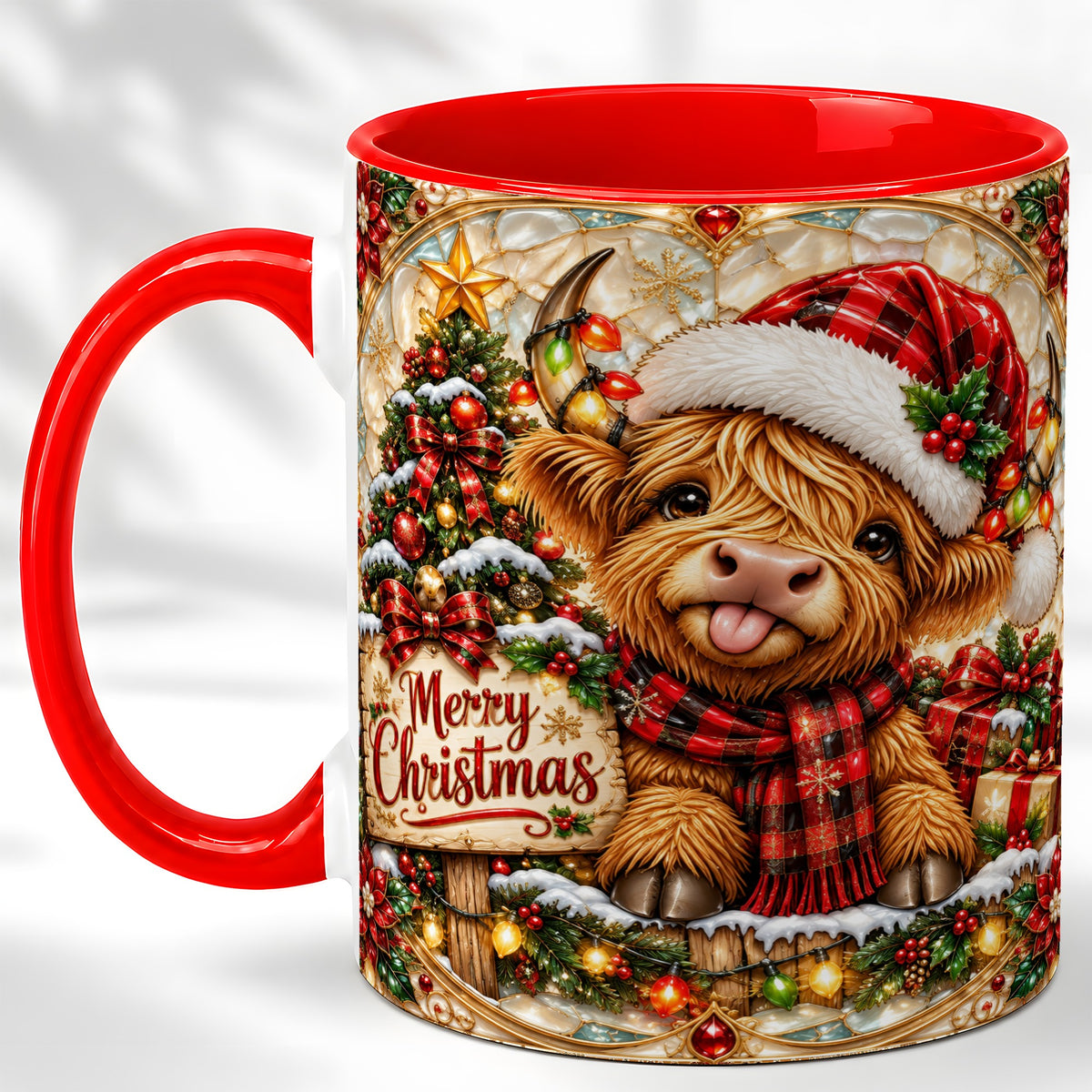#pl[11oz|Red] Christmas Highland Cow Coffee Mug, Stained Glass Style Mug, Ceramic Cup