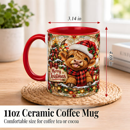 #pl[11oz|Red] Christmas Highland Cow Coffee Mug, Stained Glass Style Mug, Ceramic Cup