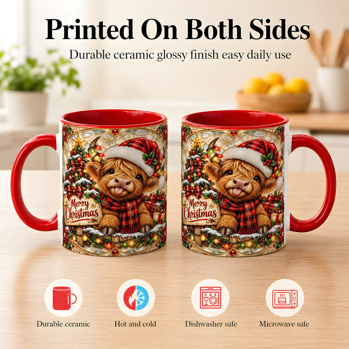 #pl[11oz|Red] Christmas Highland Cow Coffee Mug, Stained Glass Style Mug, Ceramic Cup
