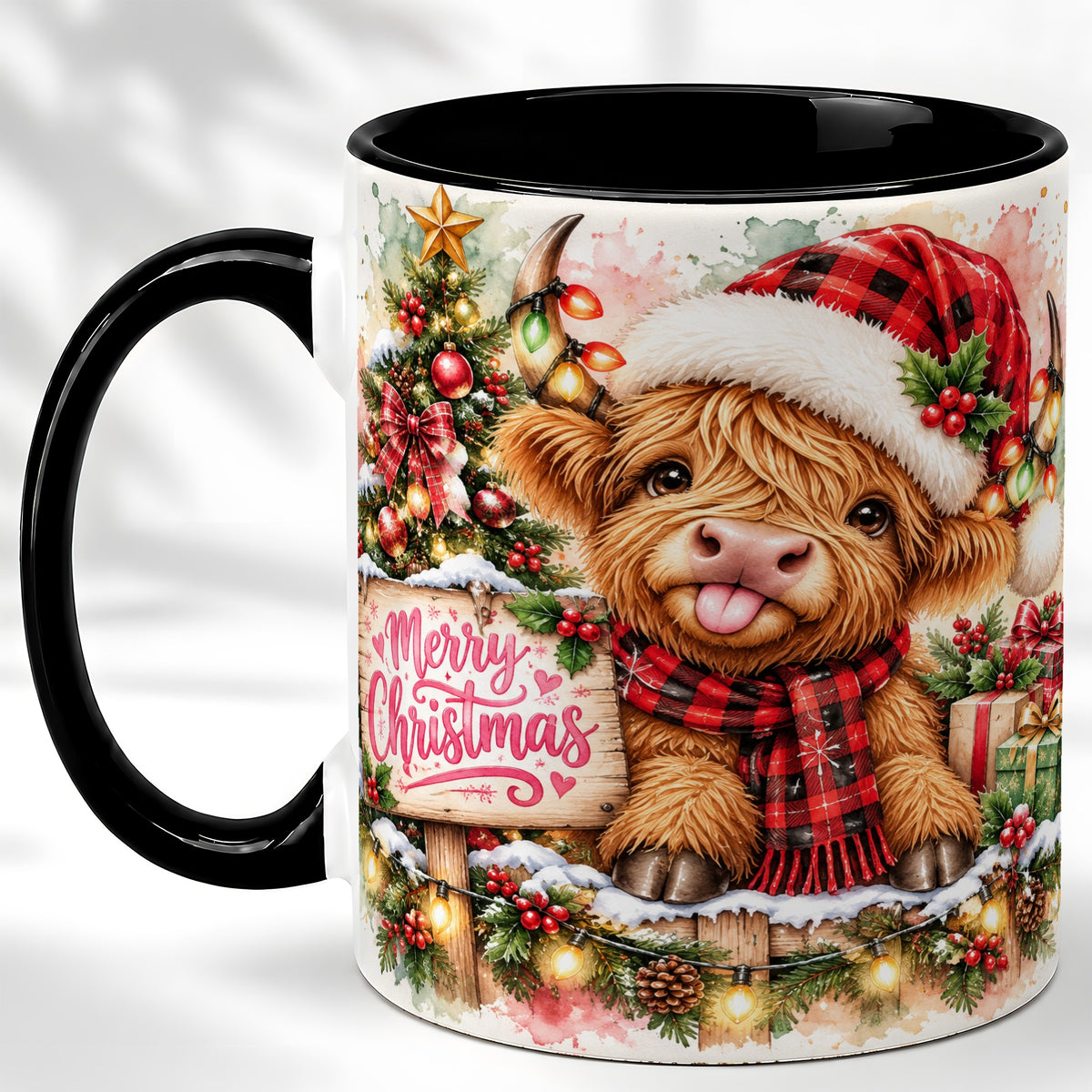 #pl[11oz|Black] Watercolor Christmas Cow Coffee Mug, Highland Cow Mug, Ceramic Cup