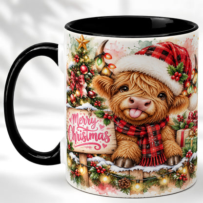 #pl[11oz|Black] Watercolor Christmas Cow Coffee Mug, Highland Cow Mug, Ceramic Cup