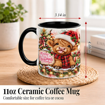 #pl[11oz|Black] Watercolor Christmas Cow Coffee Mug, Highland Cow Mug, Ceramic Cup