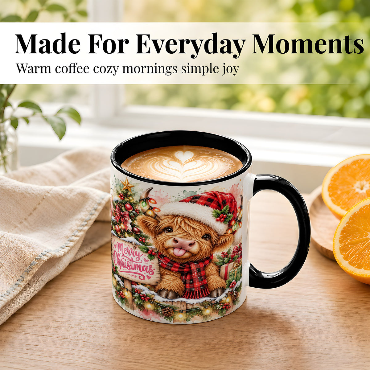 #pl[11oz|Black] Watercolor Christmas Cow Coffee Mug, Highland Cow Mug, Ceramic Cup