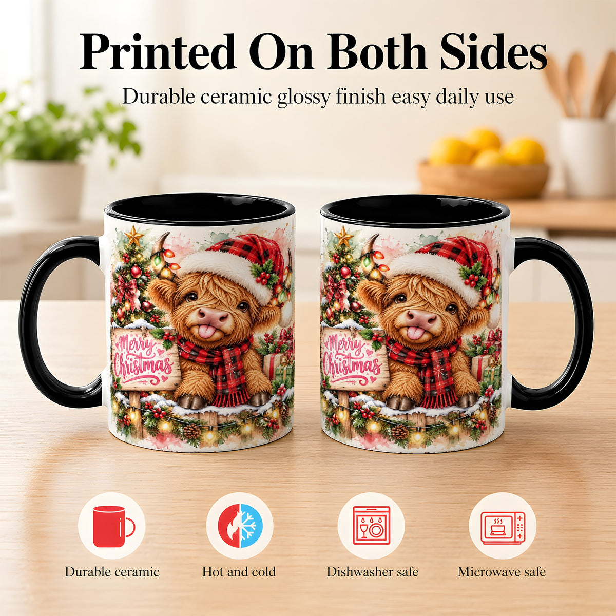 #pl[11oz|Black] Watercolor Christmas Cow Coffee Mug, Highland Cow Mug, Ceramic Cup