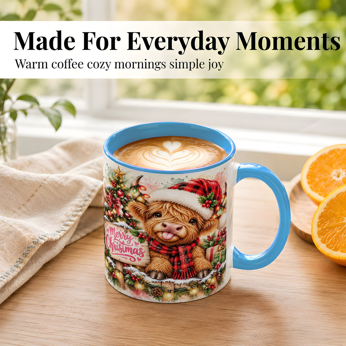 #pl[11oz|Blue] Watercolor Christmas Cow Coffee Mug, Highland Cow Mug, Ceramic Cup