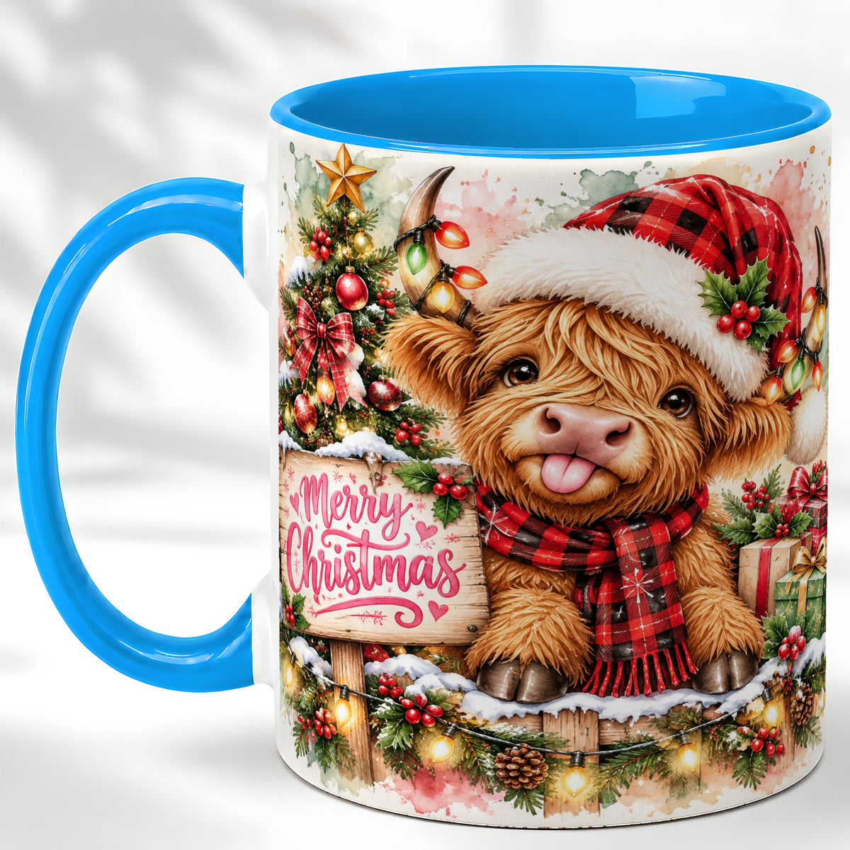 #pl[11oz|Blue] Watercolor Christmas Cow Coffee Mug, Highland Cow Mug, Ceramic Cup