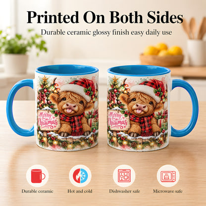 #pl[11oz|Blue] Watercolor Christmas Cow Coffee Mug, Highland Cow Mug, Ceramic Cup