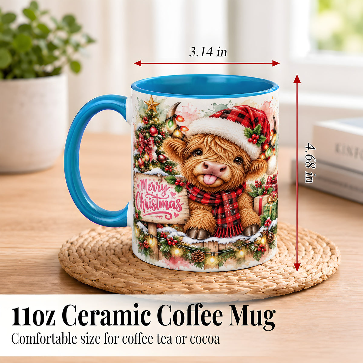 #pl[11oz|Blue] Watercolor Christmas Cow Coffee Mug, Highland Cow Mug, Ceramic Cup