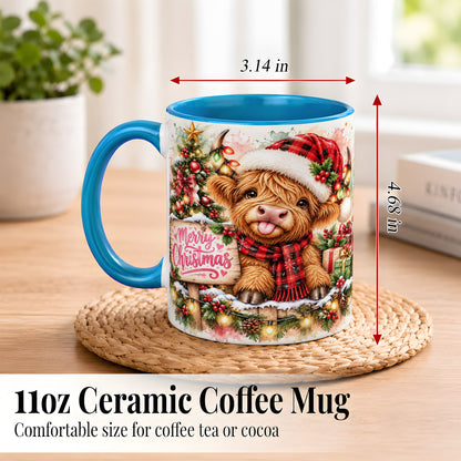 #pl[11oz|Blue] Watercolor Christmas Cow Coffee Mug, Highland Cow Mug, Ceramic Cup