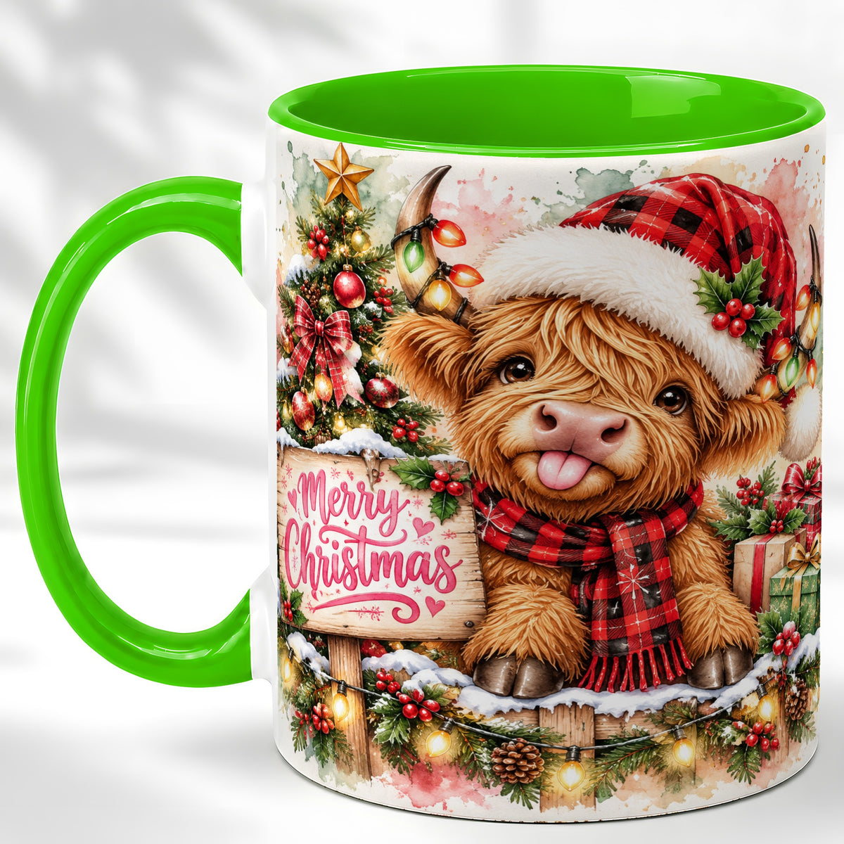 #pl[11oz|Green] Watercolor Christmas Cow Coffee Mug, Highland Cow Mug, Ceramic Cup