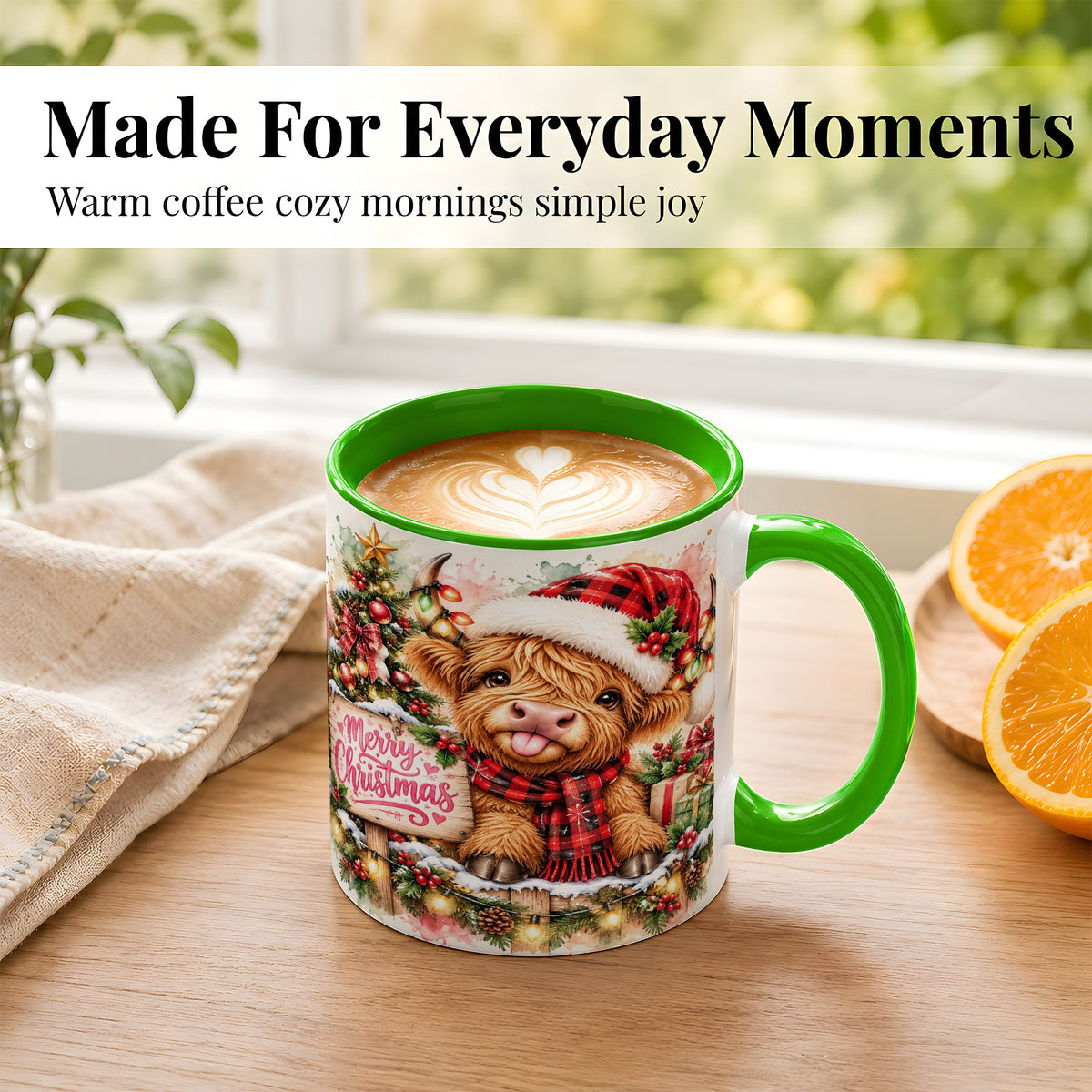#pl[11oz|Green] Watercolor Christmas Cow Coffee Mug, Highland Cow Mug, Ceramic Cup