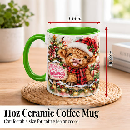 #pl[11oz|Green] Watercolor Christmas Cow Coffee Mug, Highland Cow Mug, Ceramic Cup