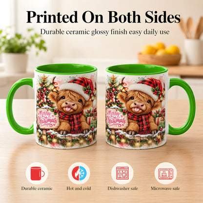 #pl[11oz|Green] Watercolor Christmas Cow Coffee Mug, Highland Cow Mug, Ceramic Cup