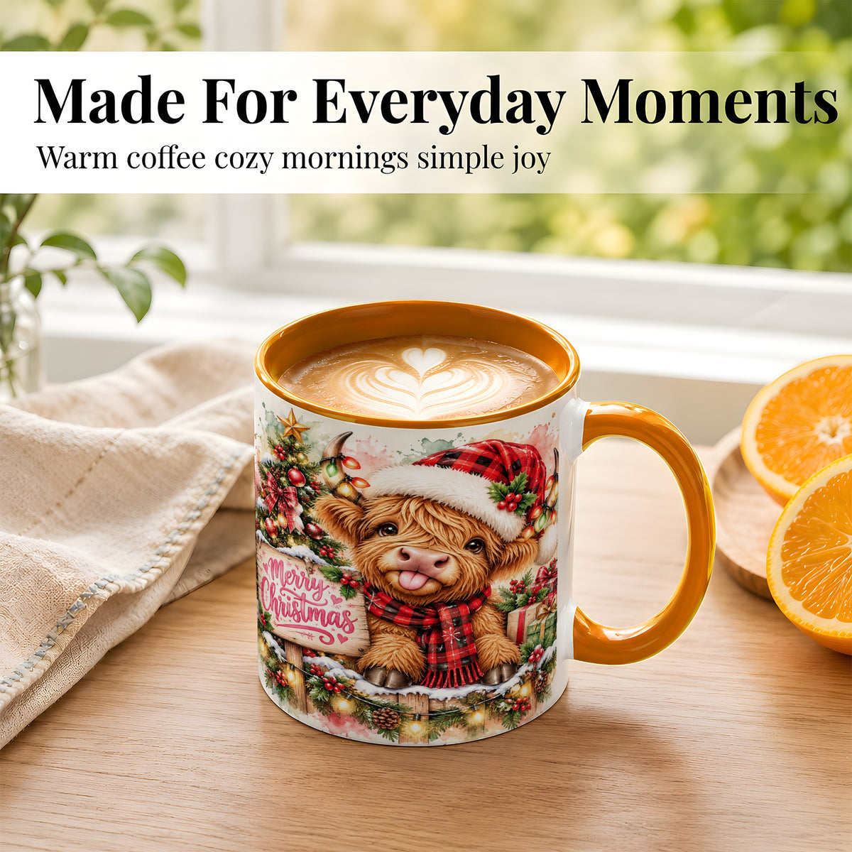 #pl[11oz|Orange] Watercolor Christmas Cow Coffee Mug, Highland Cow Mug, Ceramic Cup