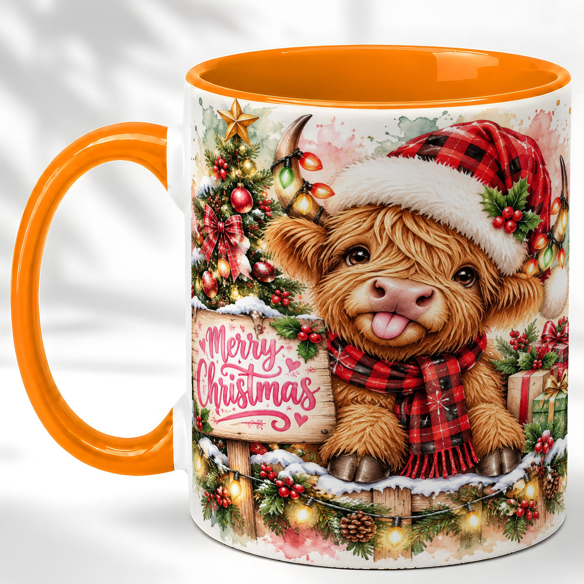 #pl[11oz|Orange] Watercolor Christmas Cow Coffee Mug, Highland Cow Mug, Ceramic Cup