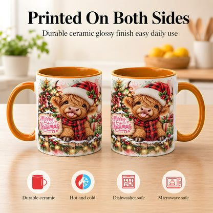 #pl[11oz|Orange] Watercolor Christmas Cow Coffee Mug, Highland Cow Mug, Ceramic Cup
