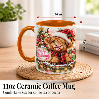 #pl[11oz|Orange] Watercolor Christmas Cow Coffee Mug, Highland Cow Mug, Ceramic Cup