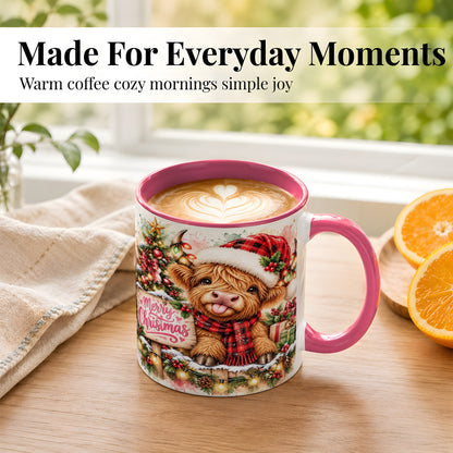 #pl[11oz|Pink] Watercolor Christmas Cow Coffee Mug, Highland Cow Mug, Ceramic Cup